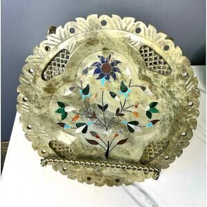 Vintage Hand-Carved Green Onyx & Mother-of-Pearl Floral Plate